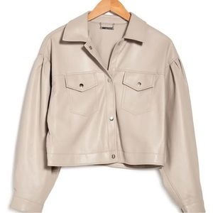 NWT T Tahari Jacket Womens Beige Cream Faux Leather Collared Button Up Size M